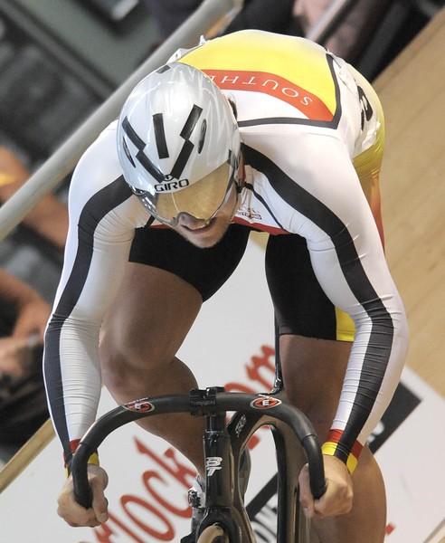 Eddie Dawkins on his way to victory in the men's sprint at the RaboPlus New Zealand Track Cycling Championships at the ILT Velodrome in Invercargill today.